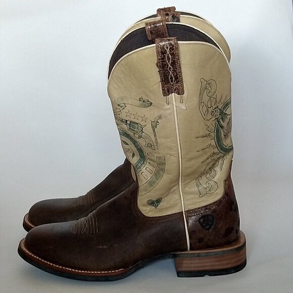 Ariat Mens Cowboy Western Boots Size 10 D Leather Beige Brown Green  10009583 - Picture 2 of 8